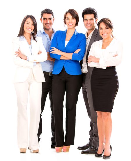 Successful business group smiling - isolated over a white background