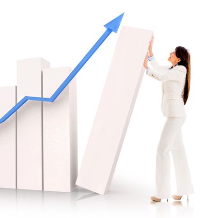 Successful business woman pushing a bar graph - isolated over white