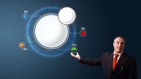 businessman in suit presenting abstract modern pie chart with copy space