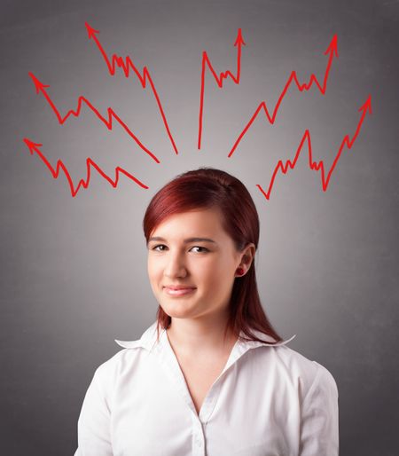 Young woman standing and thinking with arrows overhead