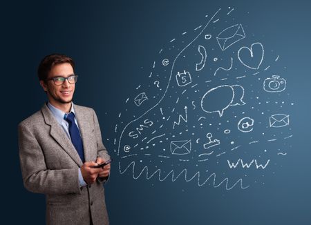 Young boy typing on smartphone with various modern technology icons and symbols