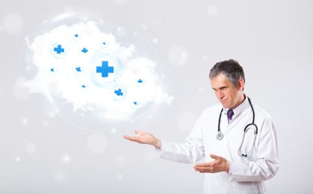 Proffesional doctor listening to abstract cloud with medical signs