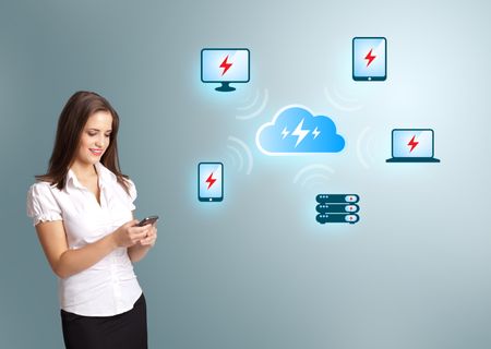 Beautiful young woman holding a phone with cloud computing network