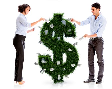 Business people with a money plant - isolated over white