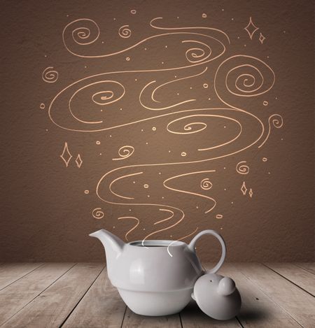 Steaming warm drink decorated with doodle line art