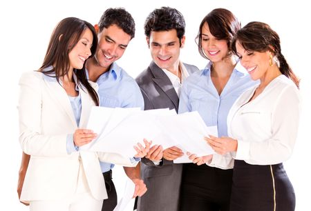 Group of business people holding documents and smiling - Isolated over white