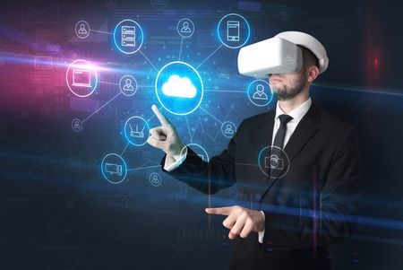 Businessman in vr glasses organize lifesize projected social media concept