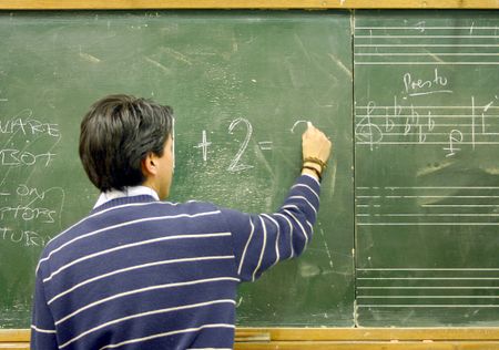 Teacher writing on blackboard