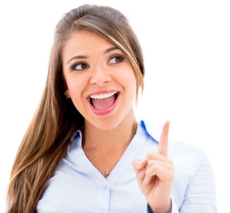 Excited business woman pointing up - isolated over white background