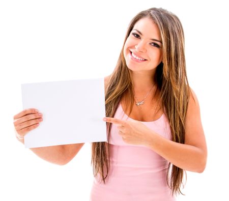 Happy woman pointing at a banner - isolated over white background