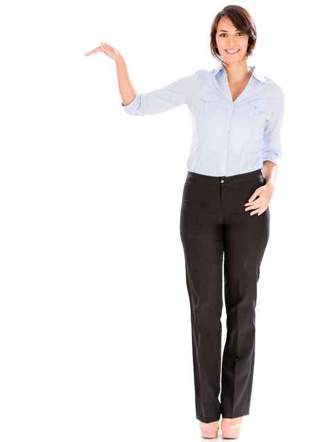 Business woman with hand on something imaginary - isolated over white
