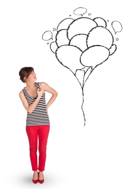Happy young woman dolding balloons drawing