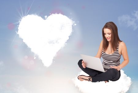 Beautiful young lovely woman sitting on cloud with heart