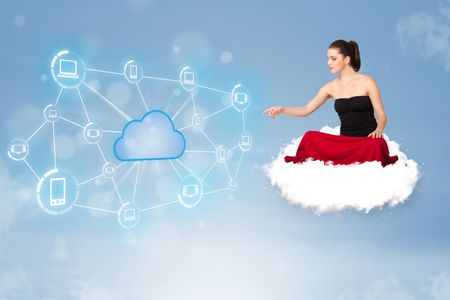 Happy young woman sitting on cloud with cloud computing