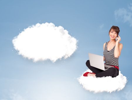 Pretty young girl sitting on cloud and thinking of abstract speech bubble with copy space