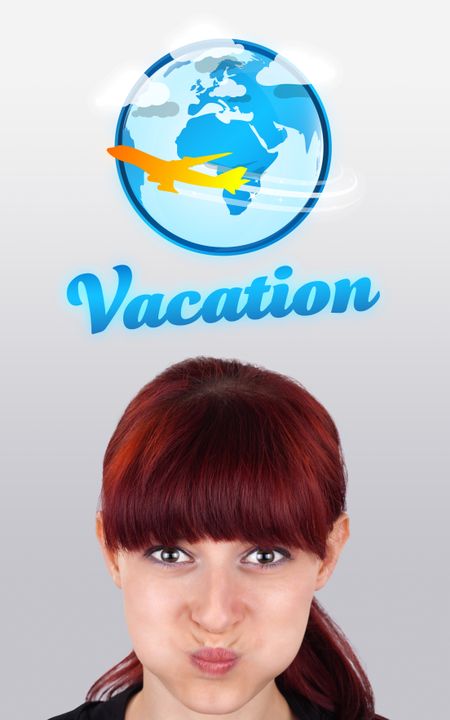Young girl head looking with gesture at vacation type of sign