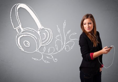 young woman singing and listening to music with abstract headphone getting out of her mouth