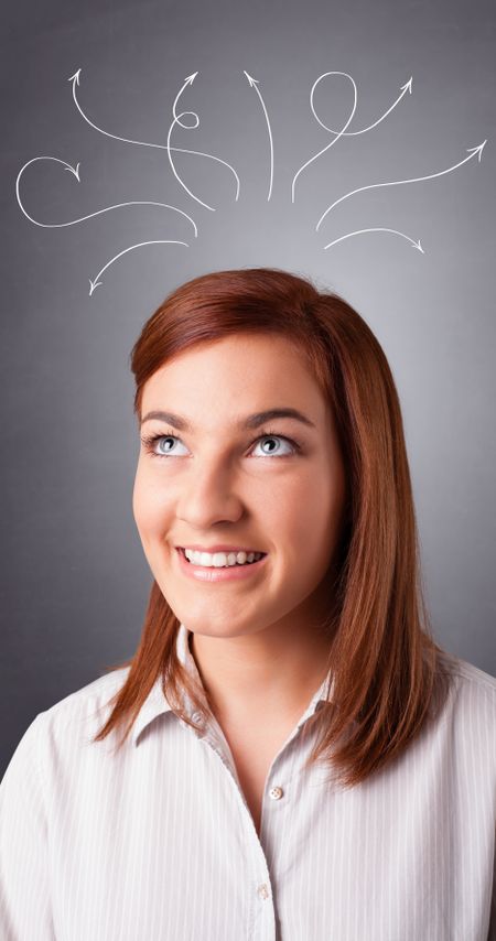 Pretty young girl thinking with arrows overhead