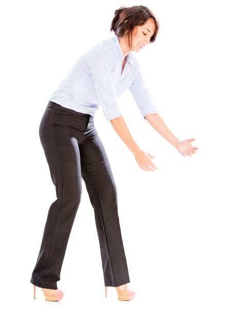 Business woman holding something imaginary - isolated over white