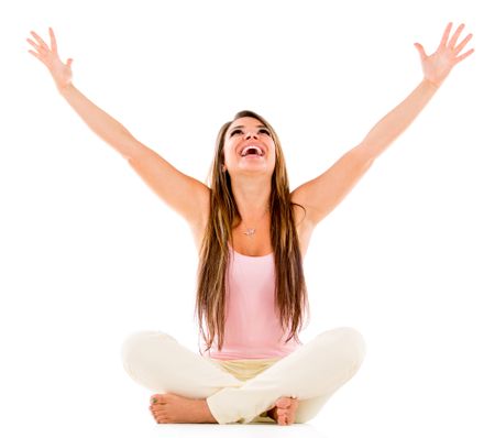 Excited woman with arms open - isolated over a white background