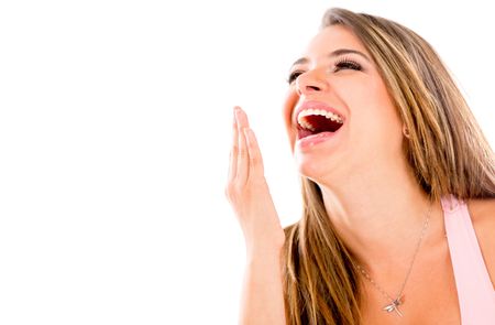 Very happy woman laughing - isolated over a white background