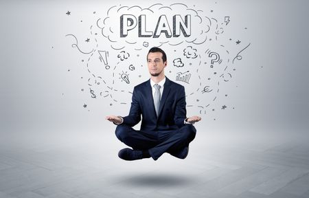 Businessman sitting in yoga position and meditates with doodle concept