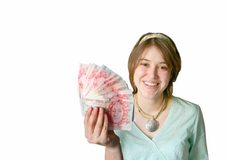 happy woman holding 50 pound notes