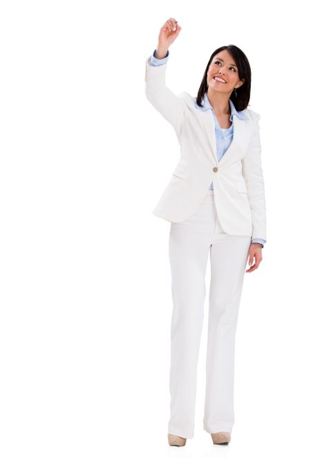 Business woman writing with a pen - isolated over white