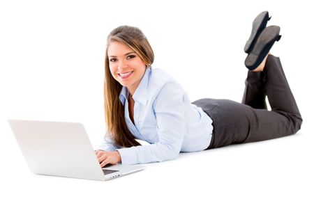 Business woman working online with a computer - isolated over white