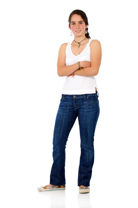 casual woman smiling isolated over a white background