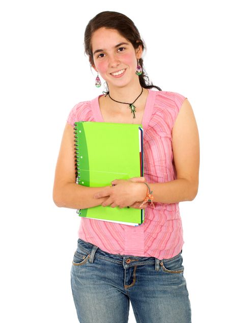 casual female student smiling and holding a notebook - isolated over a white background