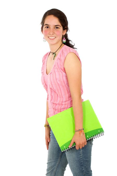 casual female student smiling and holding a notebook - isolated over a white background