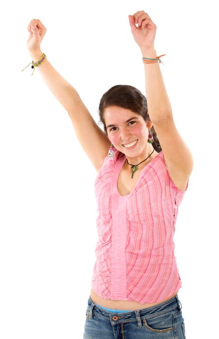 casual woman looking happy with her success isolated over a white background
