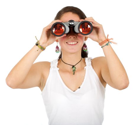casual girl using binoculars to search - isolated over a white background