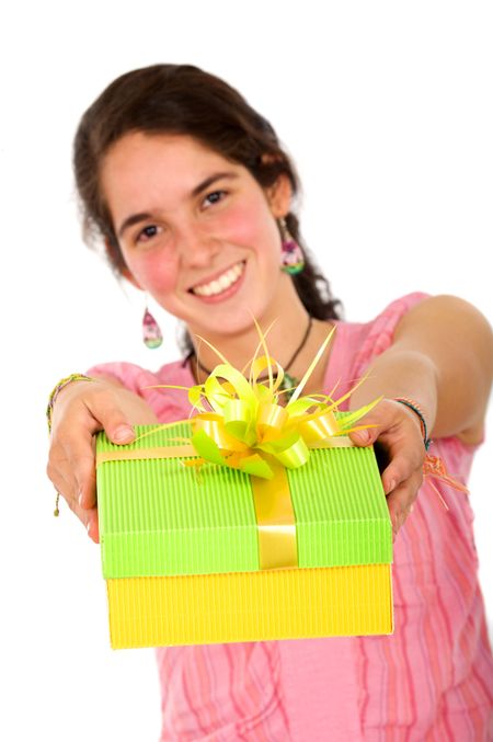 girl holding a gift box - isolated over a white background