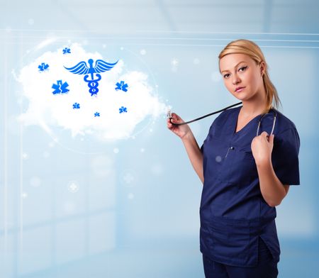 Beautiful young doctor with abstract cloud and medical icons