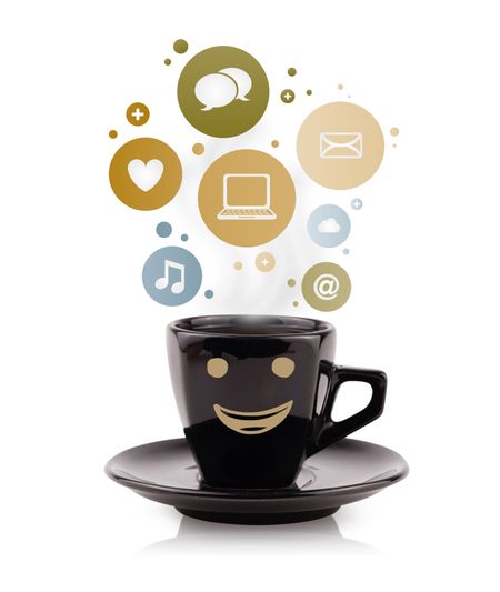 Coffee cup with social and media icons in colorful bubbles, isolated on white