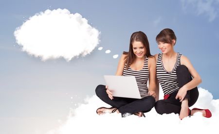 Pretty young girls sitting on cloud and thinking of abstract speech bubble with copy space