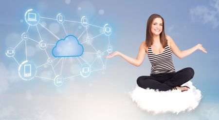 Happy young woman sitting on cloud with cloud computing