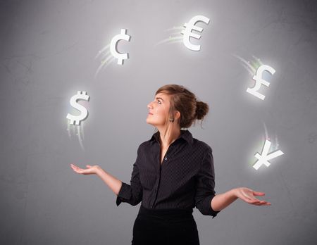 pretty young lady standing and juggling with currency icons