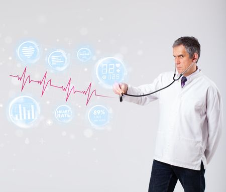 Clinical doctor examinating modern heartbeat graphics