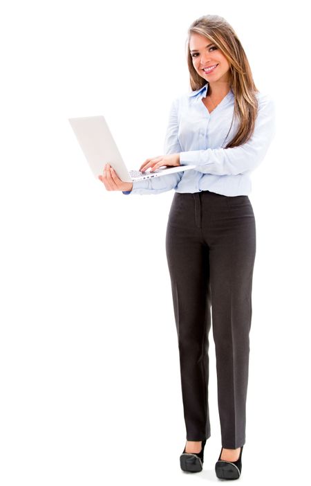 Happy business woman holding a laptop - isolated over white