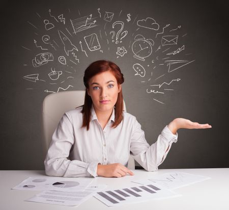 Manager in front of the office desk with different direction concept