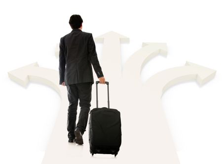 Business man picking next destination - isolated over a white background