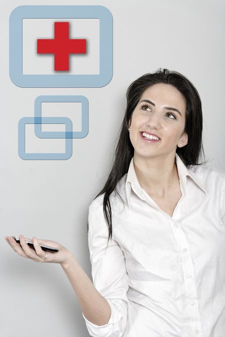 Woman holding out her mobile phone which is displaying a help symbol