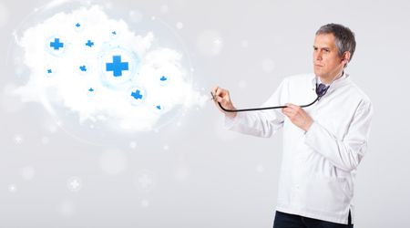Proffesional doctor listening to abstract cloud with medical signs