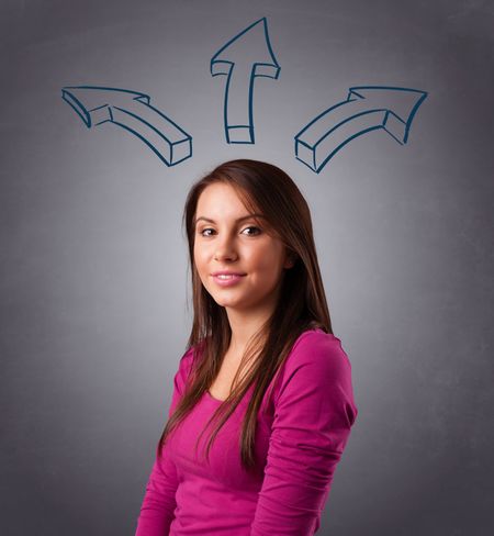 Beautiful young lady thinking with arrows overhead