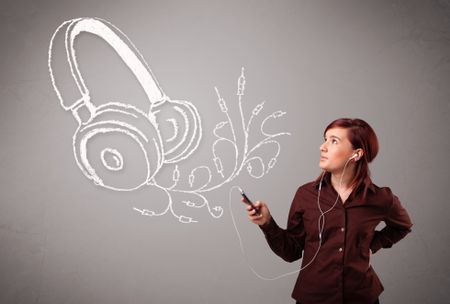 young woman singing and listening to music with abstract headphone getting out of her mouth