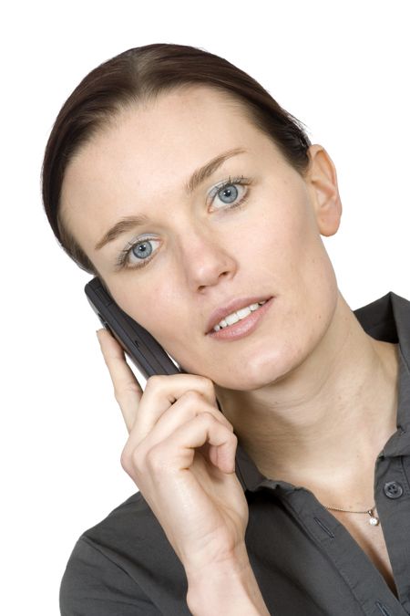 business woman on a cell phone over white