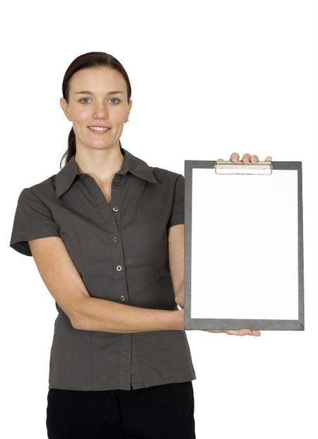 business woman with folder over white